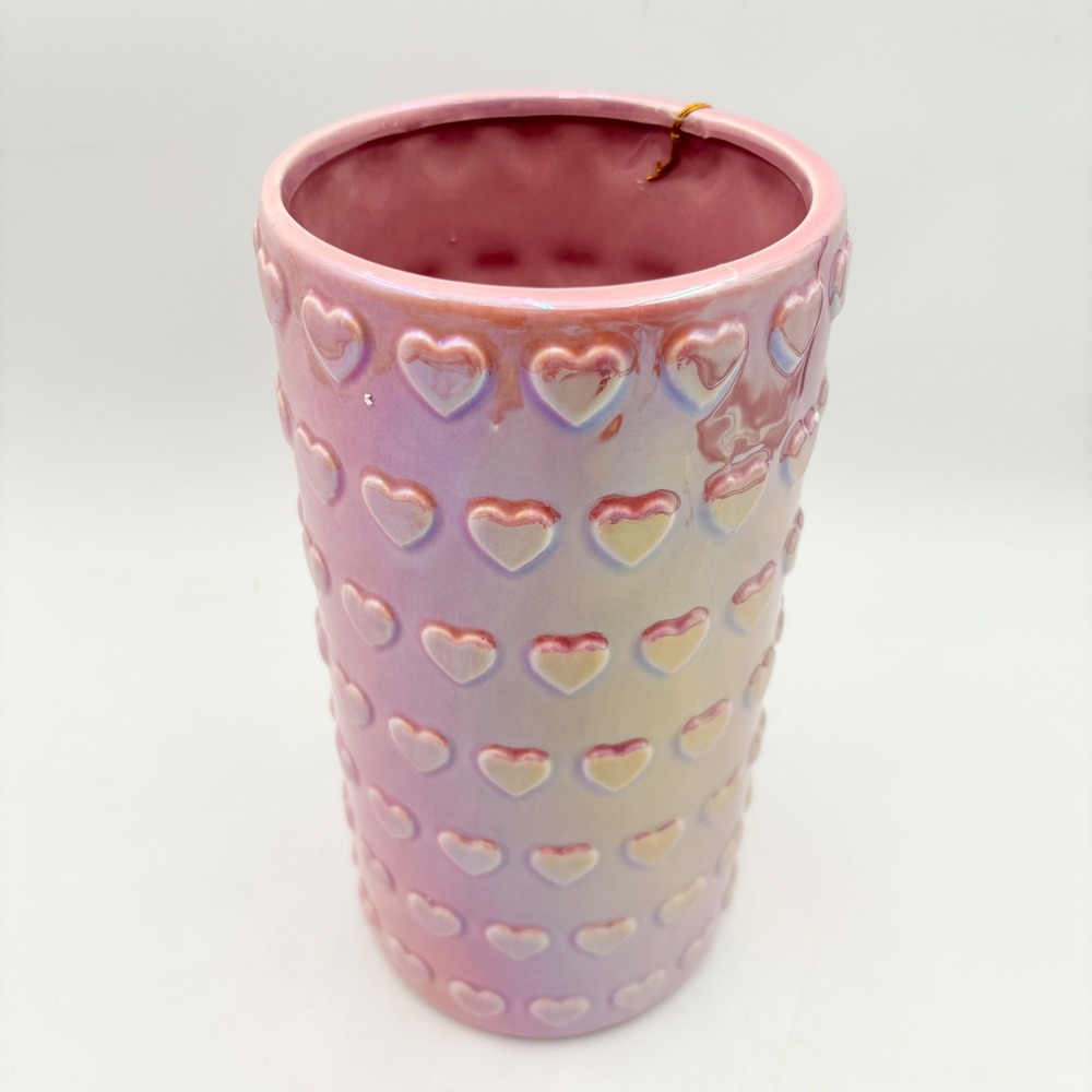 Paris‎ Hilton Iridescent Pink Heart Embossed Ceramic Flower Vase Y2K Glam